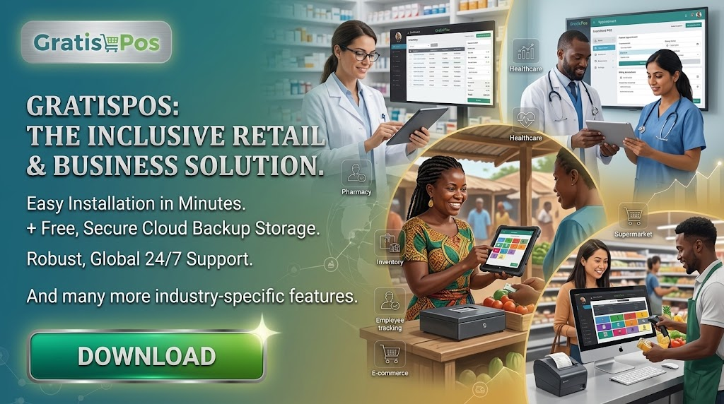 Pharmacists, a market trader and a supermarket cashier using Gratis POS