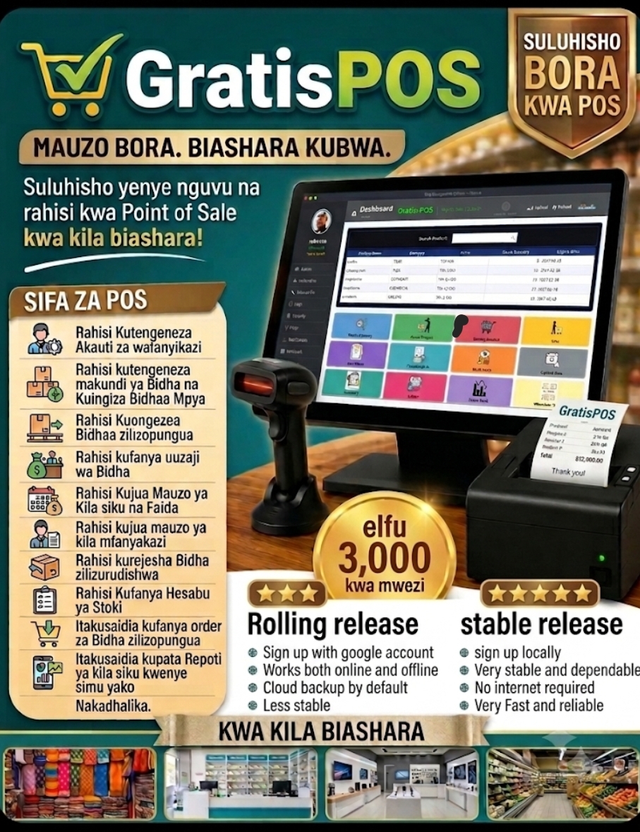 Gratis POS flyer in Swahili listing features and the two release options