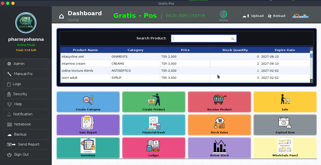 Gratis POS dashboard with product search and shortcuts for sales, receiving stock, ledger and reports